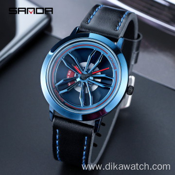 SANDA Rotating Car Wheel Fashion Sports Watch Men's Leather Band Quartz Watches Casual Waterproof Wristwatch relogio masculino